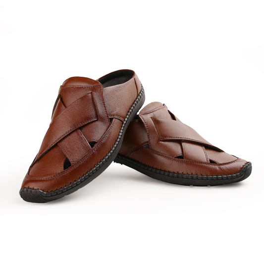 Chamda Men’s Brown Leather Slip-On Sandal Shoes