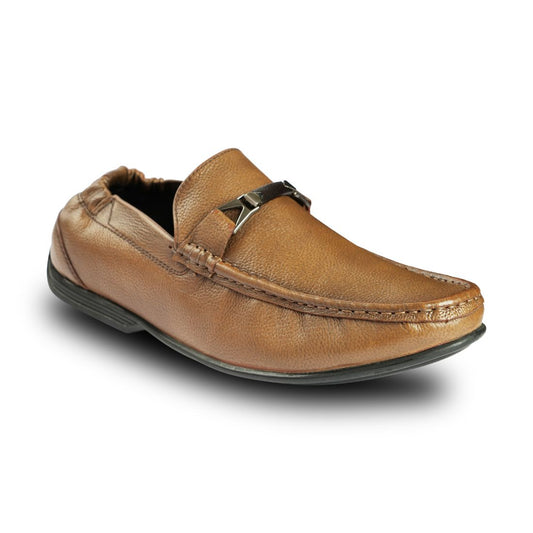 Chamda Men’s Tan Brown Formal Leather Loafers with Metal Detail