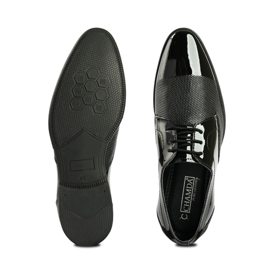 Chamda Black Patent Finish Textured Lace-Up Formal Shoes for Men