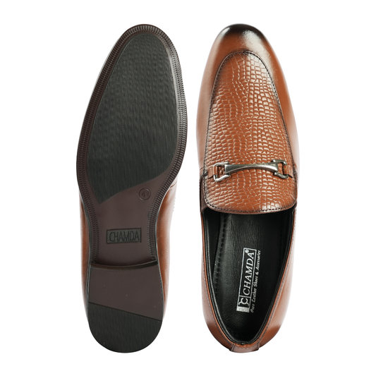Chamda Tan Textured Leather Slip-On Formal Shoes for Men