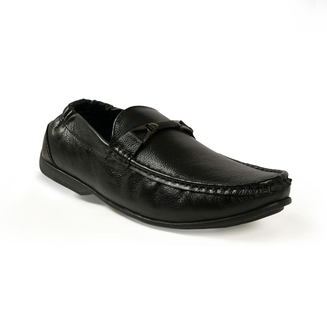Chamda Men’s Black Formal Leather Loafers with Metal Detail