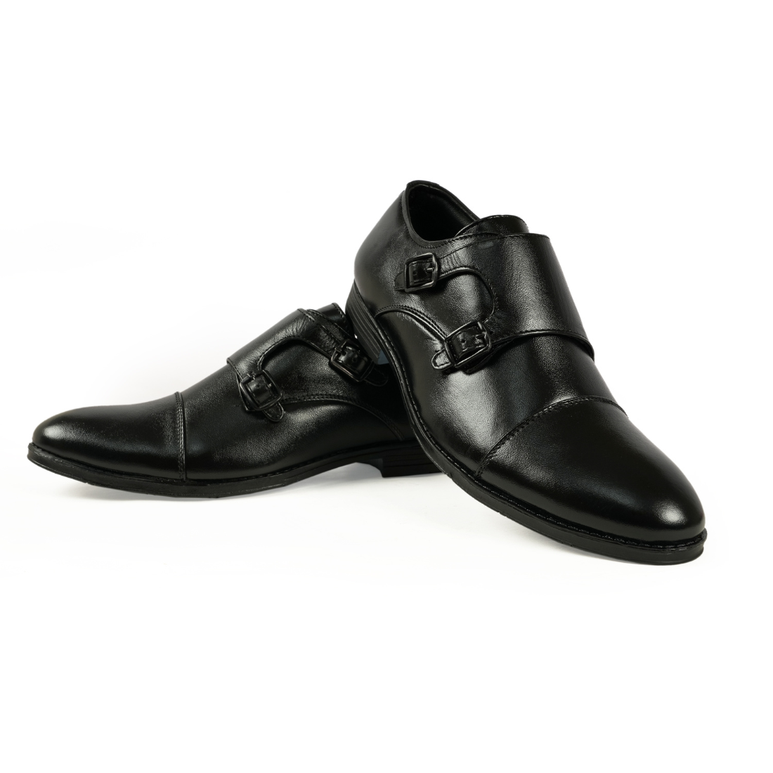 Chamda Black Double Monk Strap Formal Genuine Leather Shoes for Men