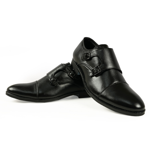 Chamda Black Double Monk Strap Formal Leather Shoes for Men