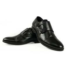 Chamda Black Double Monk Strap Formal Genuine Leather Shoes for Men