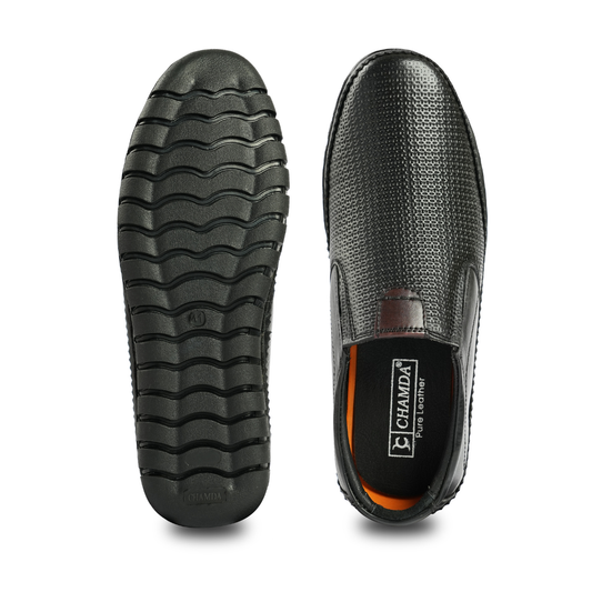 Chamda Black Textured Leather Slip-On Casual Shoes for Men