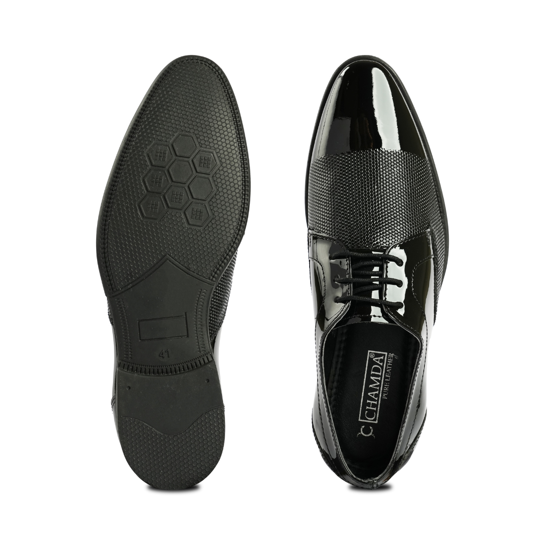 Chamda Black Genuine Leather Patent Finish Textured Lace-Up Formal Shoes for Men