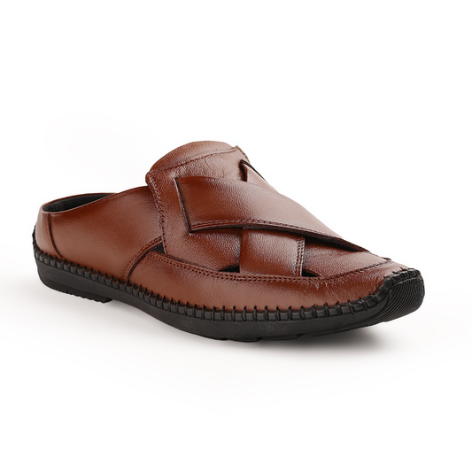 Chamda Men’s Brown Leather Slip-On Sandal Shoes