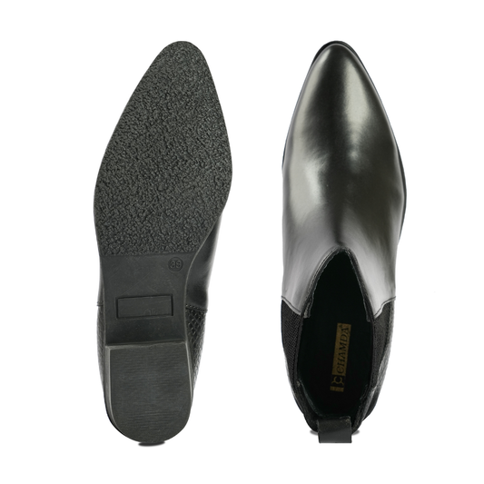 Chamda Women’s Black Ankle Boots with Buckle Strap & Block Heel