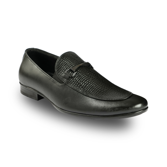 Chamda Black Textured Leather Slip-On Formal Shoes for Men