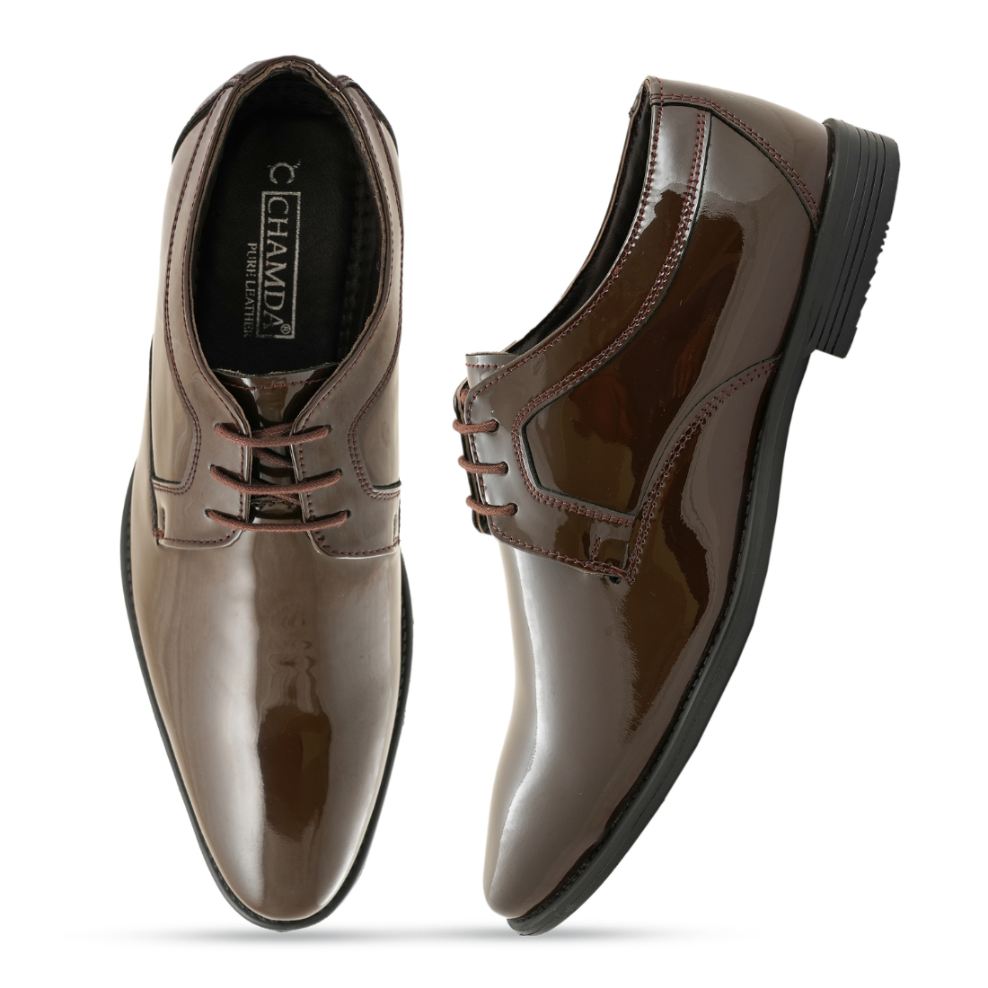 Chamda Brown Genuine Leather Patent Finish Lace-Up Formal Shoes for Men