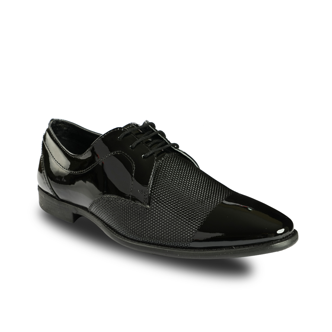 Chamda Black Genuine Leather Patent Finish Textured Lace-Up Formal Shoes for Men