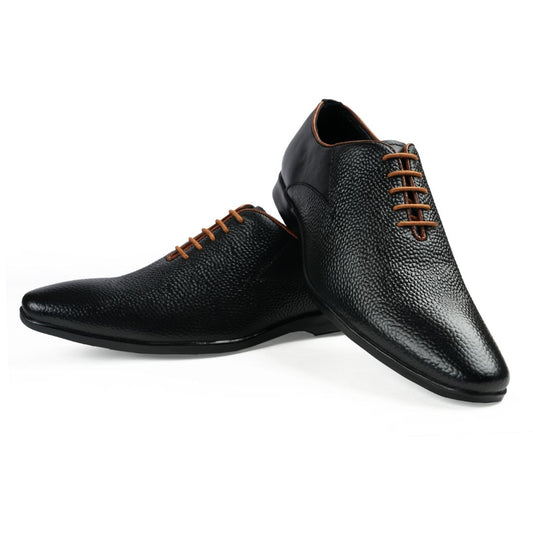 Chamda Men’s Black Textured Leather Lace-Up Formal Derby Shoes