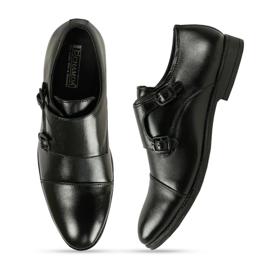Chamda Black Double Monk Strap Formal Leather Shoes for Men