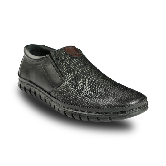 Chamda Black Textured Leather Slip-On Casual Shoes for Men