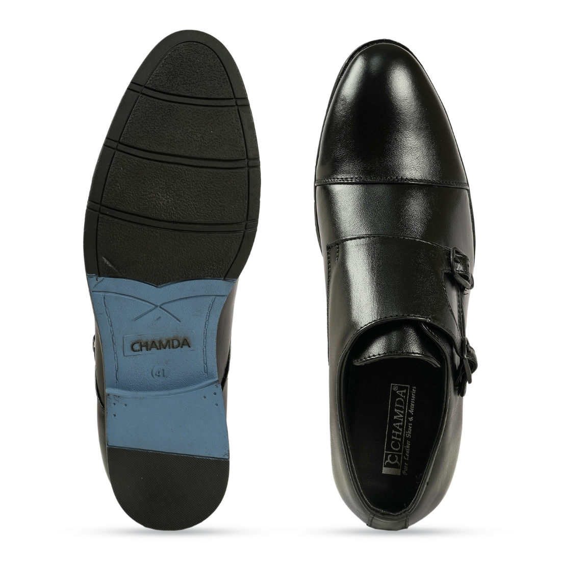 Chamda Black Double Monk Strap Formal Genuine Leather Shoes for Men