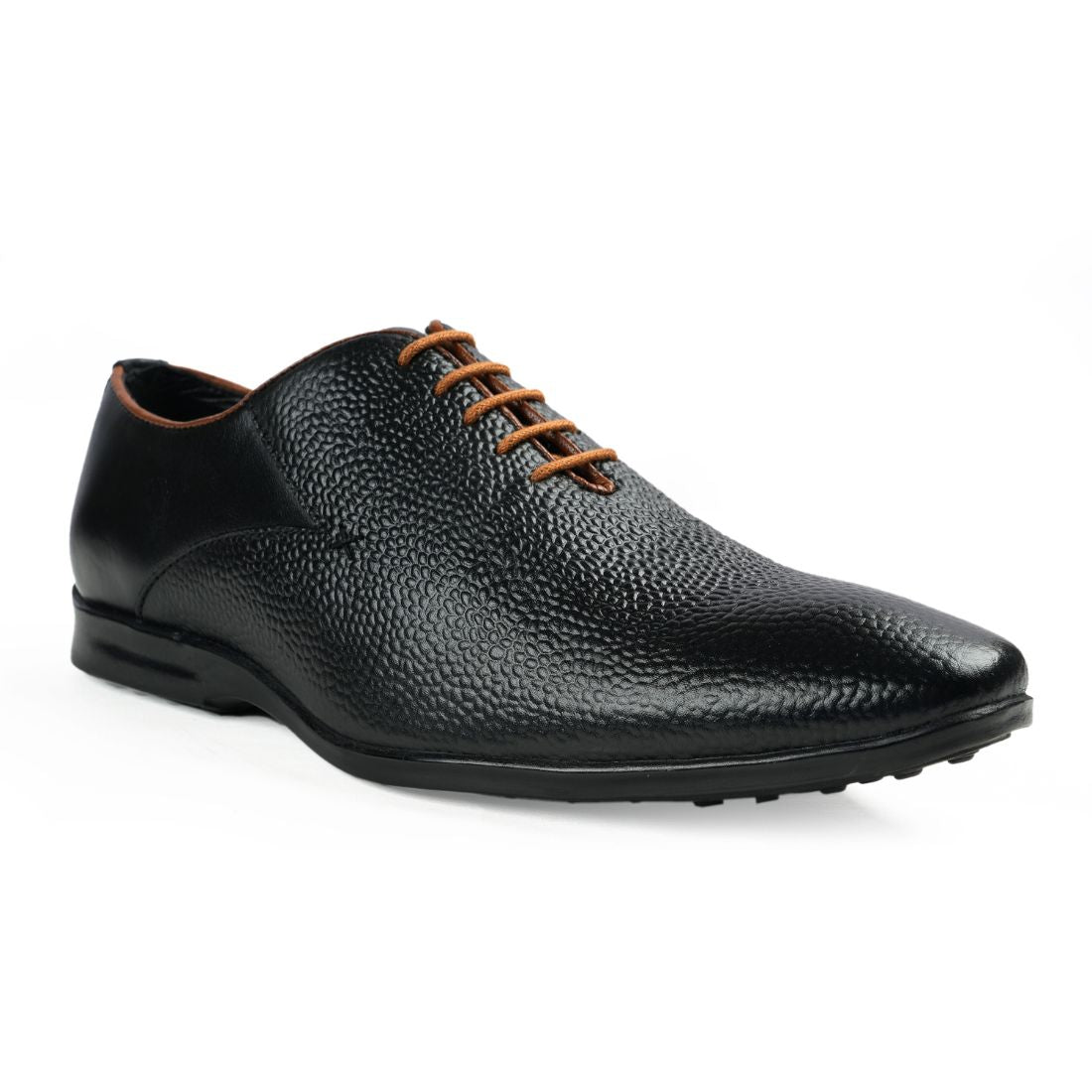 Chamda Men’s Black Textured Leather Lace-Up Formal Derby Shoes