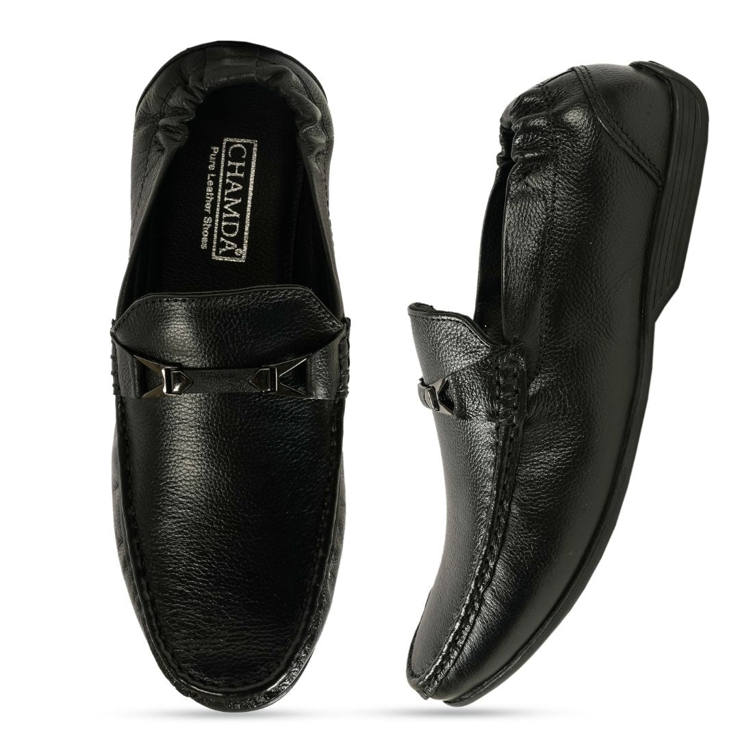 Chamda Men’s Black Formal Leather Loafers with Metal Detail