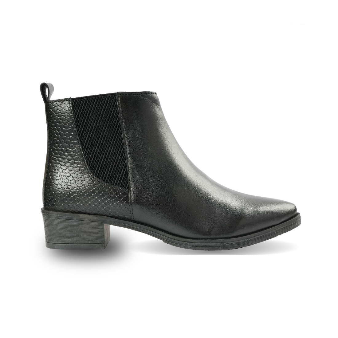 Chamda Women’s Black Ankle Boots with Buckle Strap & Block Heel