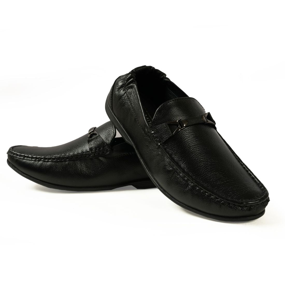 Chamda Men’s Black Formal Leather Loafers with Metal Detail