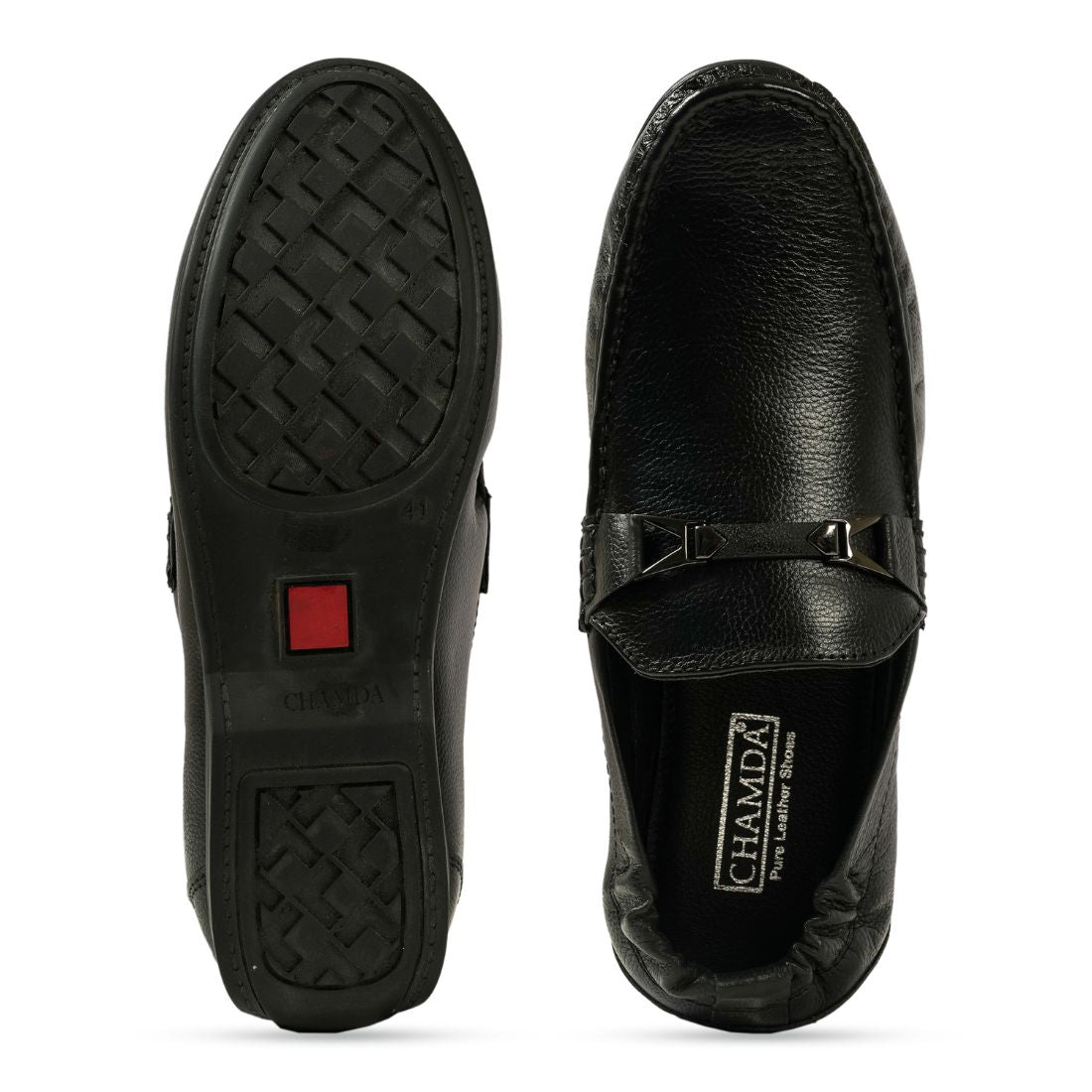 Chamda Men’s Black Formal Leather Loafers with Metal Detail